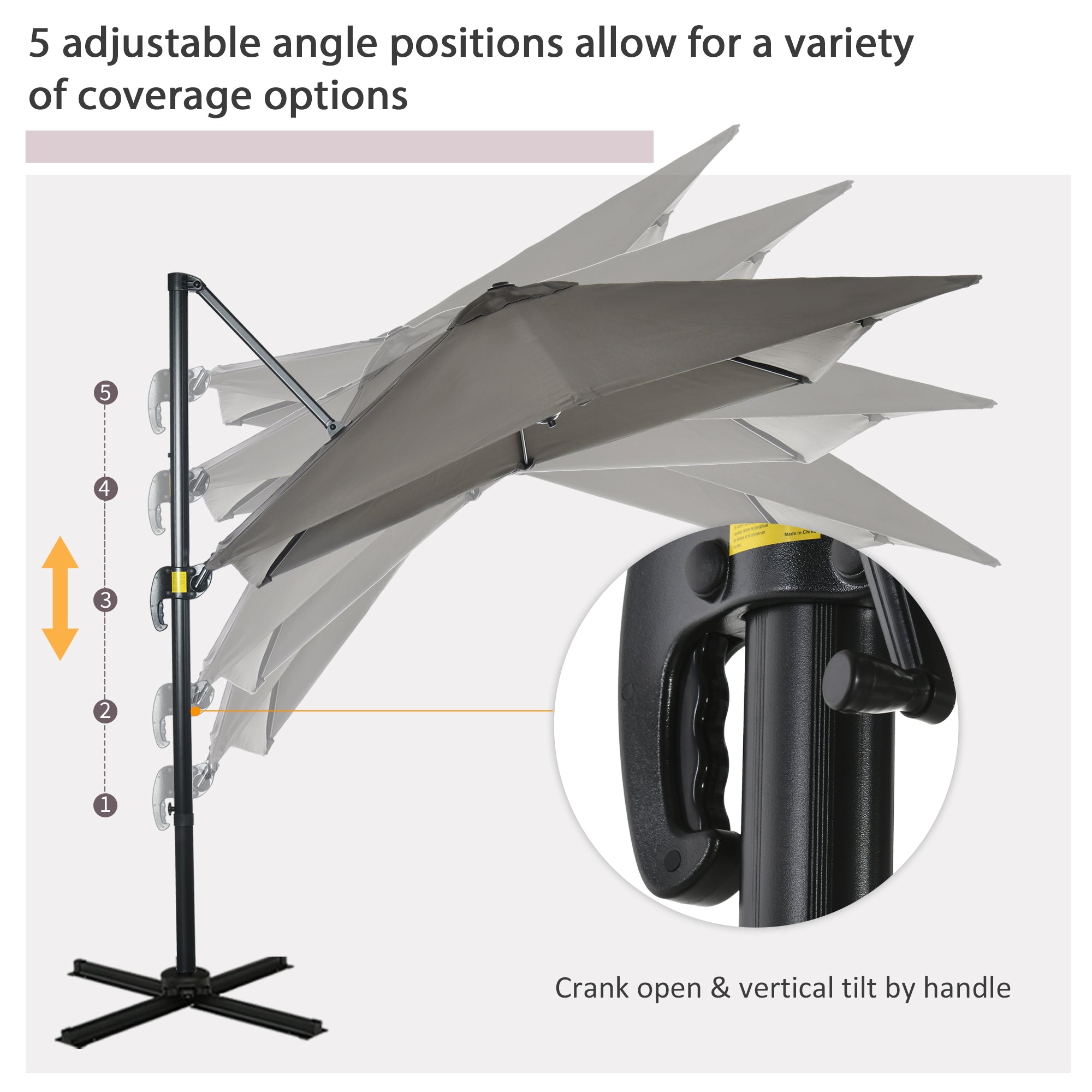 8'x8' Patio Umbrella, Grey, Aluminum, 360¡ Rotation, Cantilever-DECOROLALA