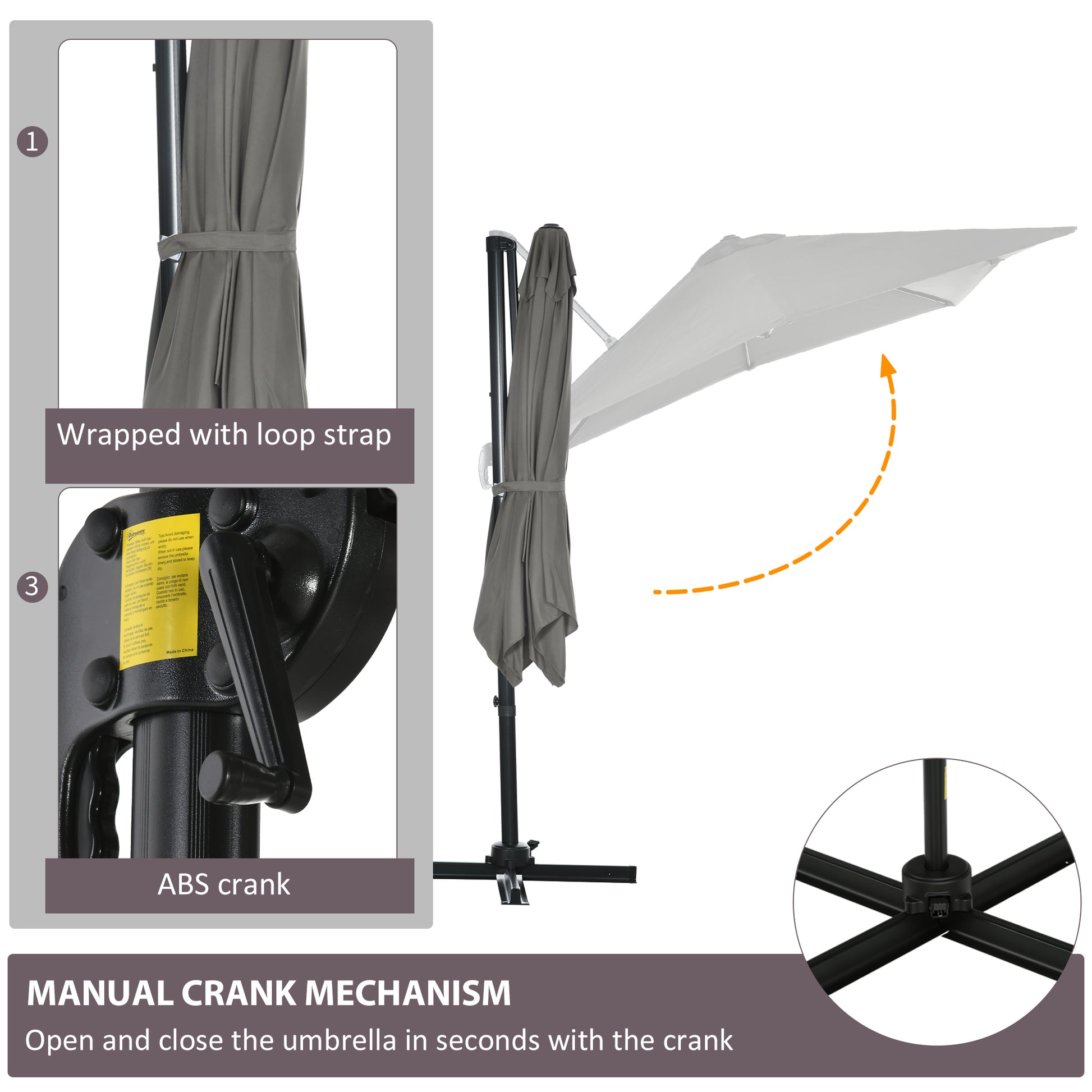 8'x8' Patio Umbrella, Grey, Aluminum, 360¡ Rotation, Cantilever-DECOROLALA