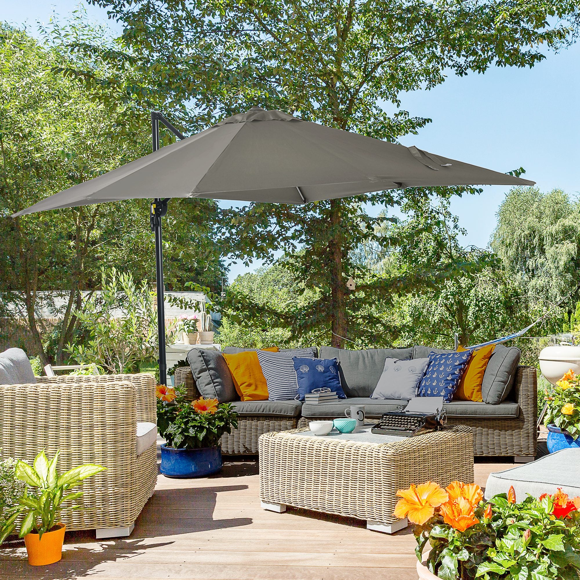 8'x8' Patio Umbrella, Grey, Aluminum, 360¡ Rotation, Cantilever-DECOROLALA