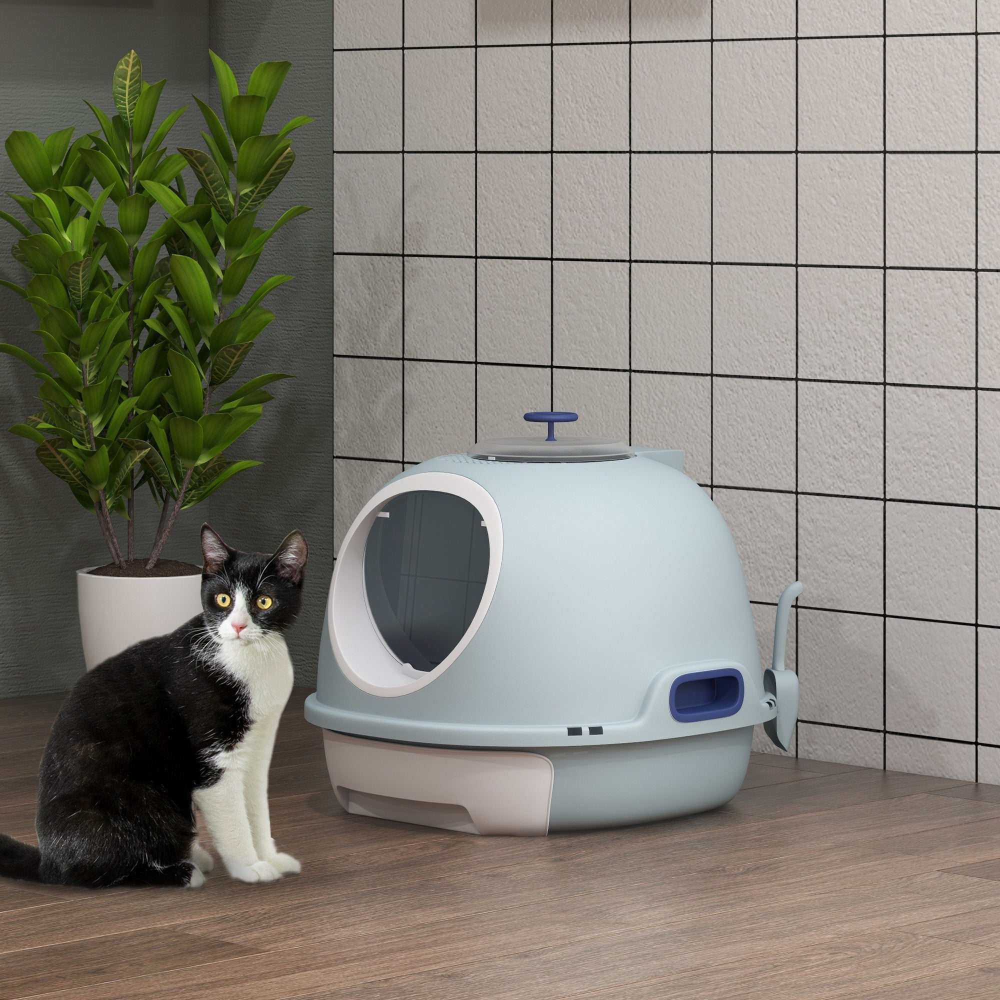 Cat Litter Box Toilet with Lid, Covered Litter Box with Scoop, Enclosed Drawer and Skylight, Blue