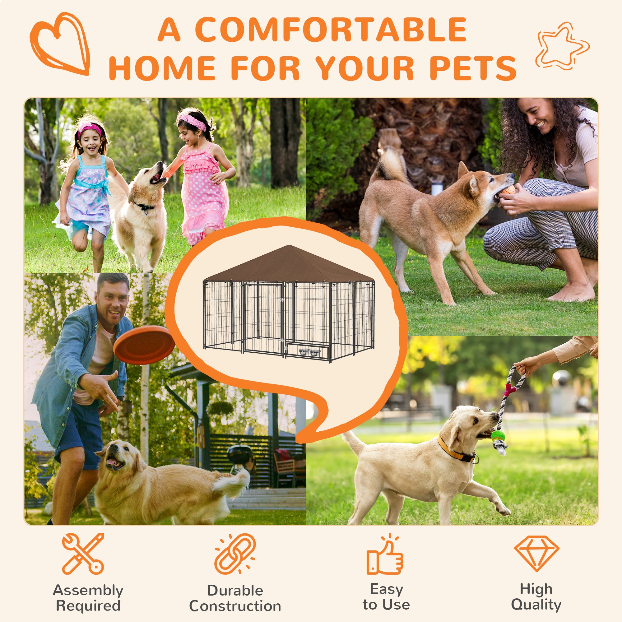 6,9' x 4,6' x 5' Chenil extérieur pour chien avec auvent, gamelles rotatives, café