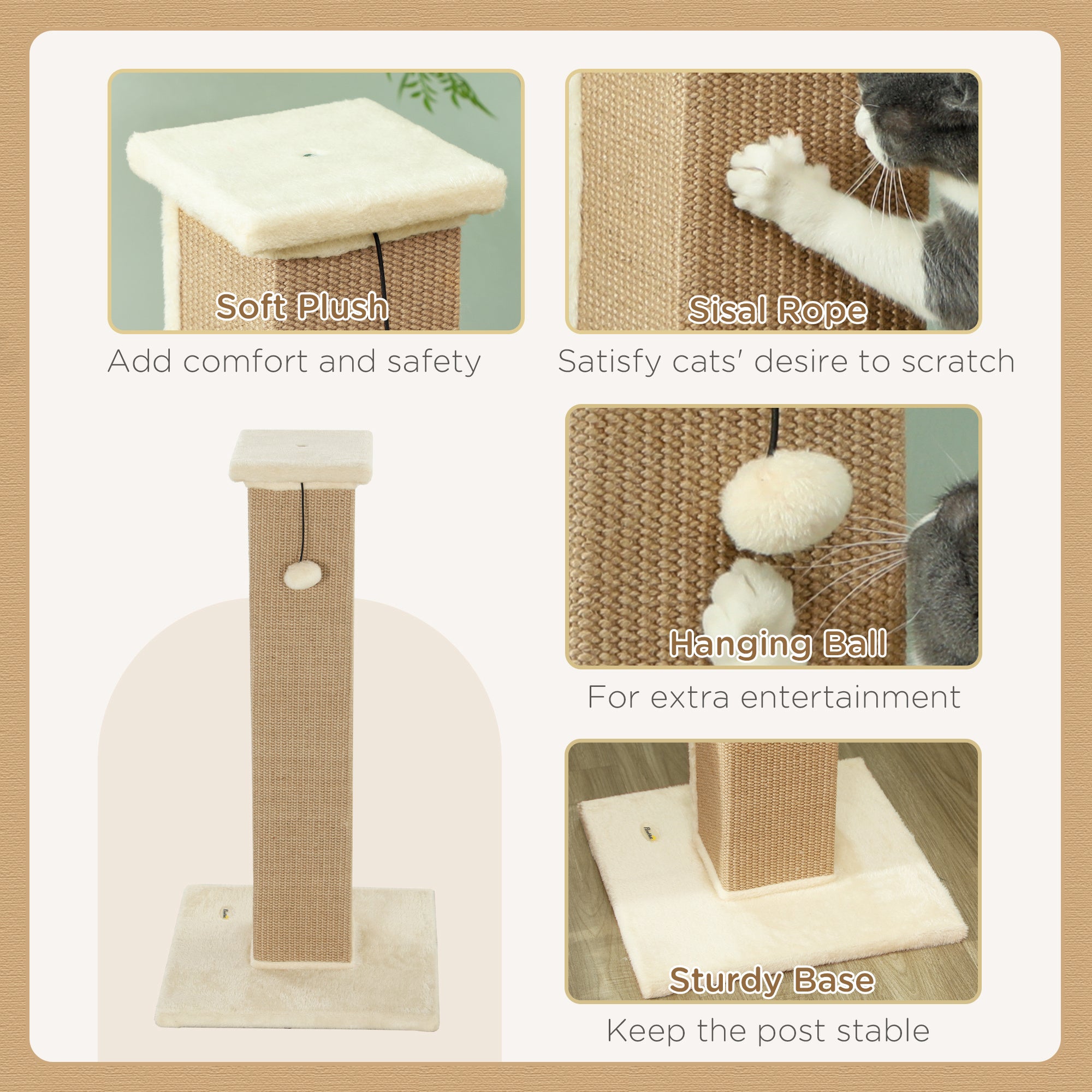 32" Tall Cat Scratching Post for Indoor Cats and Kittens, Sisal Cat Scratcher with Hanging Ball Soft Plush, Beige