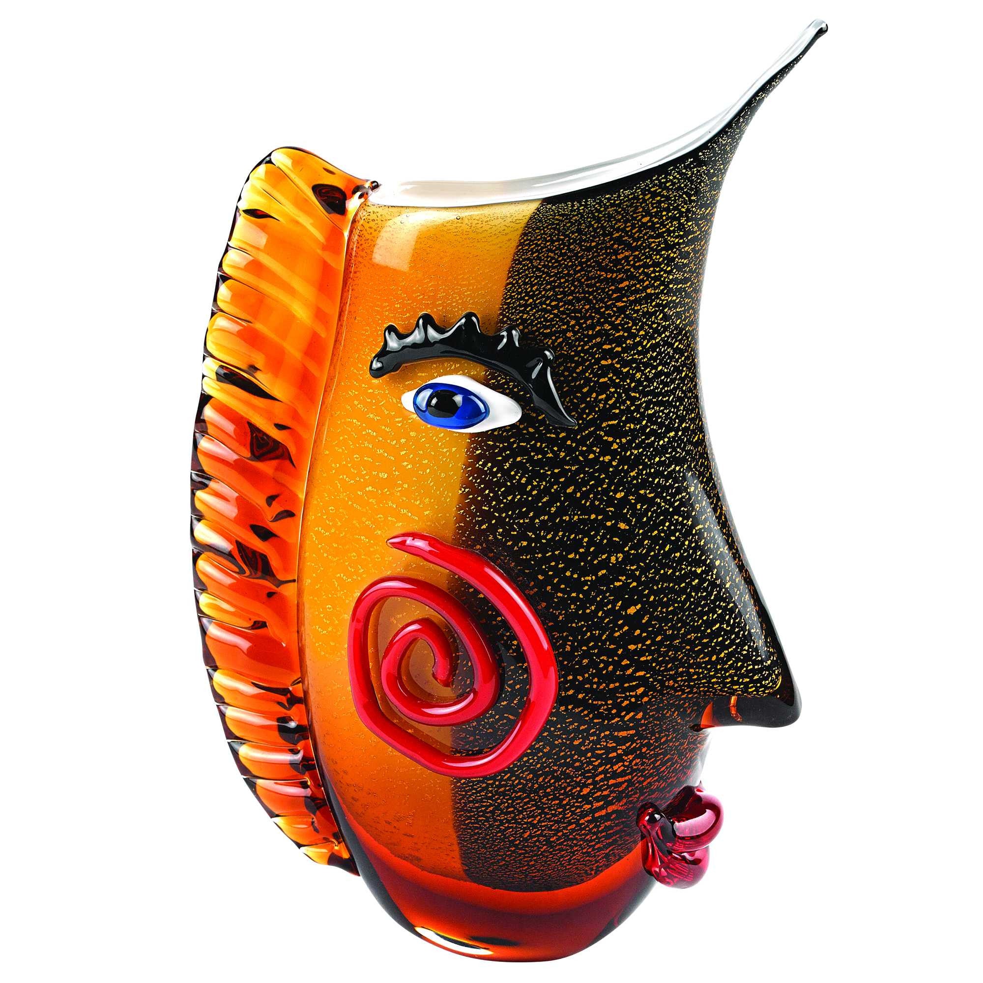 9" Black And Orange Contempo Face Murano Glass Table Vase-Vases-DECOROLALA