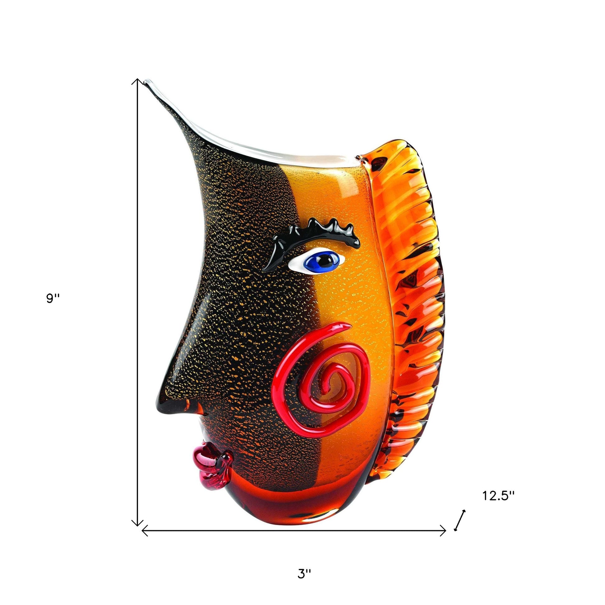 9" Black And Orange Contempo Face Murano Glass Table Vase-Vases-DECOROLALA
