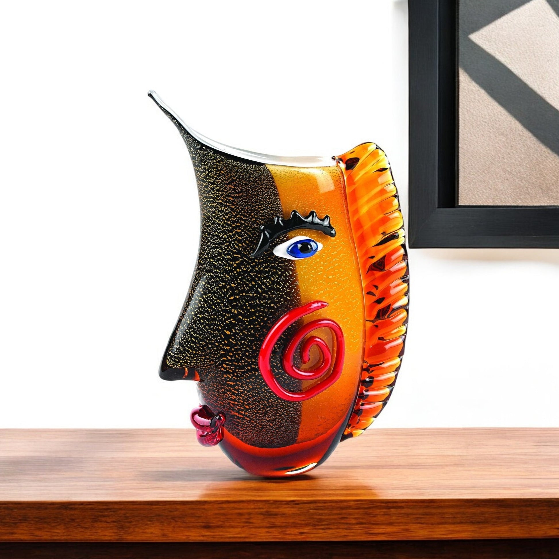 9" Black And Orange Contempo Face Murano Glass Table Vase-Vases-DECOROLALA