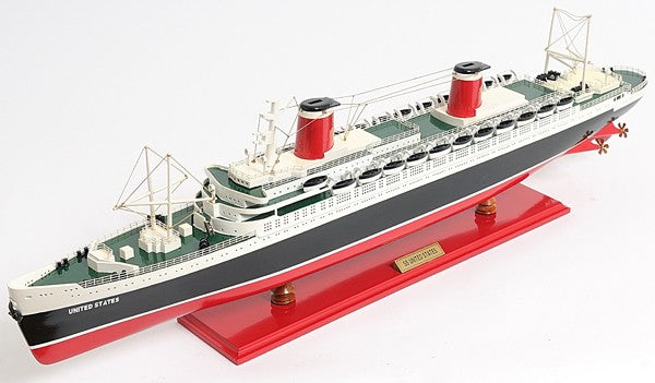 9" Black and Red Solid Wood Hand Painted SS United States 1952 Model Boat-Sculptures-DECOROLALA
