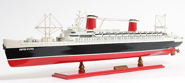 9" Black and Red Solid Wood Hand Painted SS United States 1952 Model Boat-Sculptures-DECOROLALA