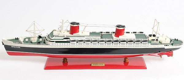 9" Black and Red Solid Wood Hand Painted SS United States 1952 Model Boat-Sculptures-DECOROLALA