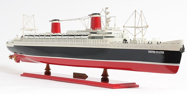 9" Black and Red Solid Wood Hand Painted SS United States 1952 Model Boat-Sculptures-DECOROLALA