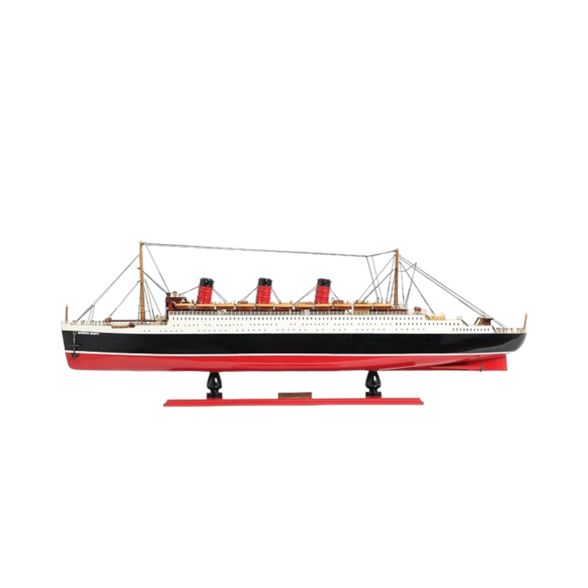 9" Black and Red Solid Wood Hand Painted SS United States 1952 Model Boat-Sculptures-DECOROLALA