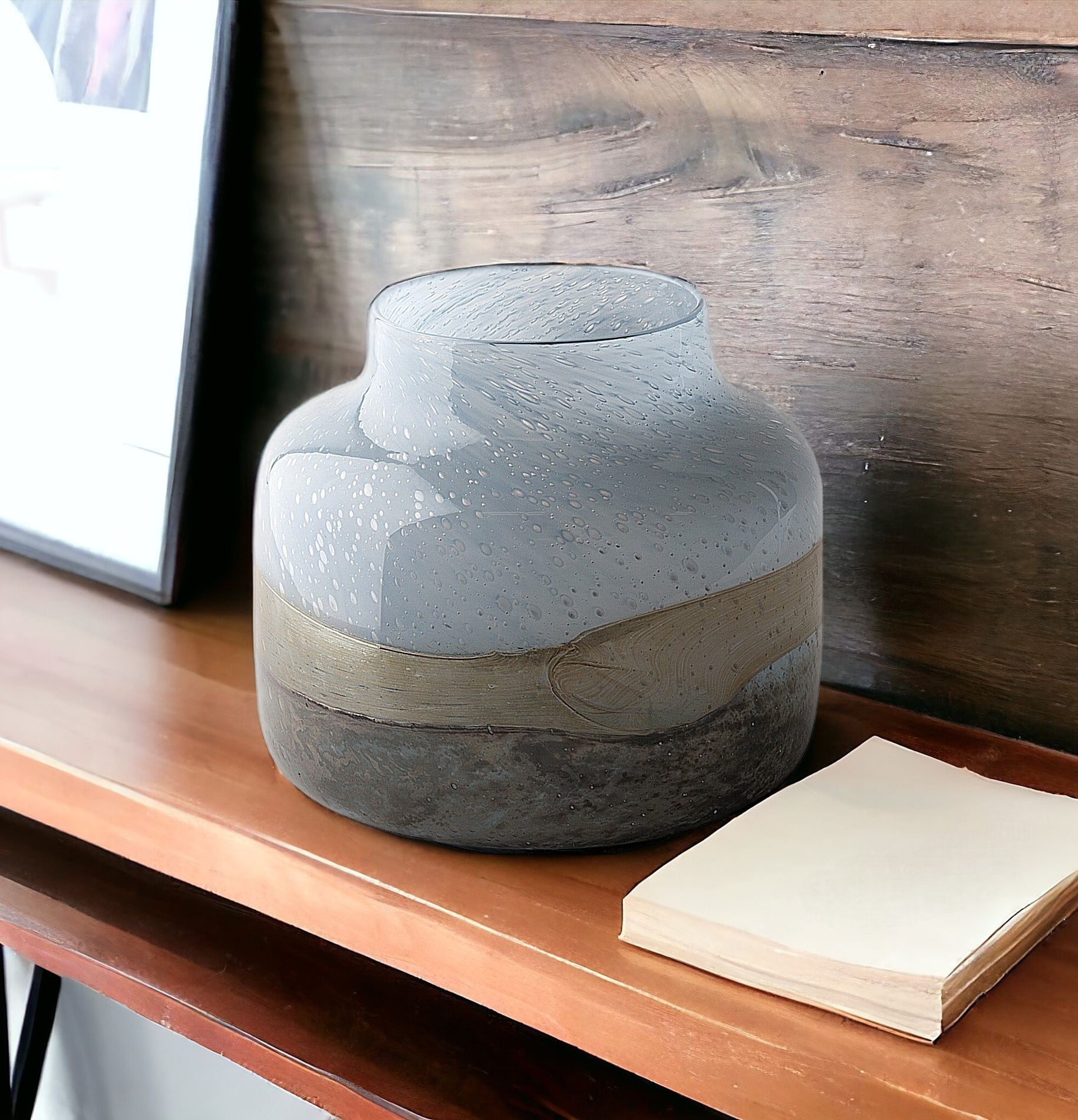 9" Blue And Brown Seeded Glass Table Vase-Vases-DECOROLALA