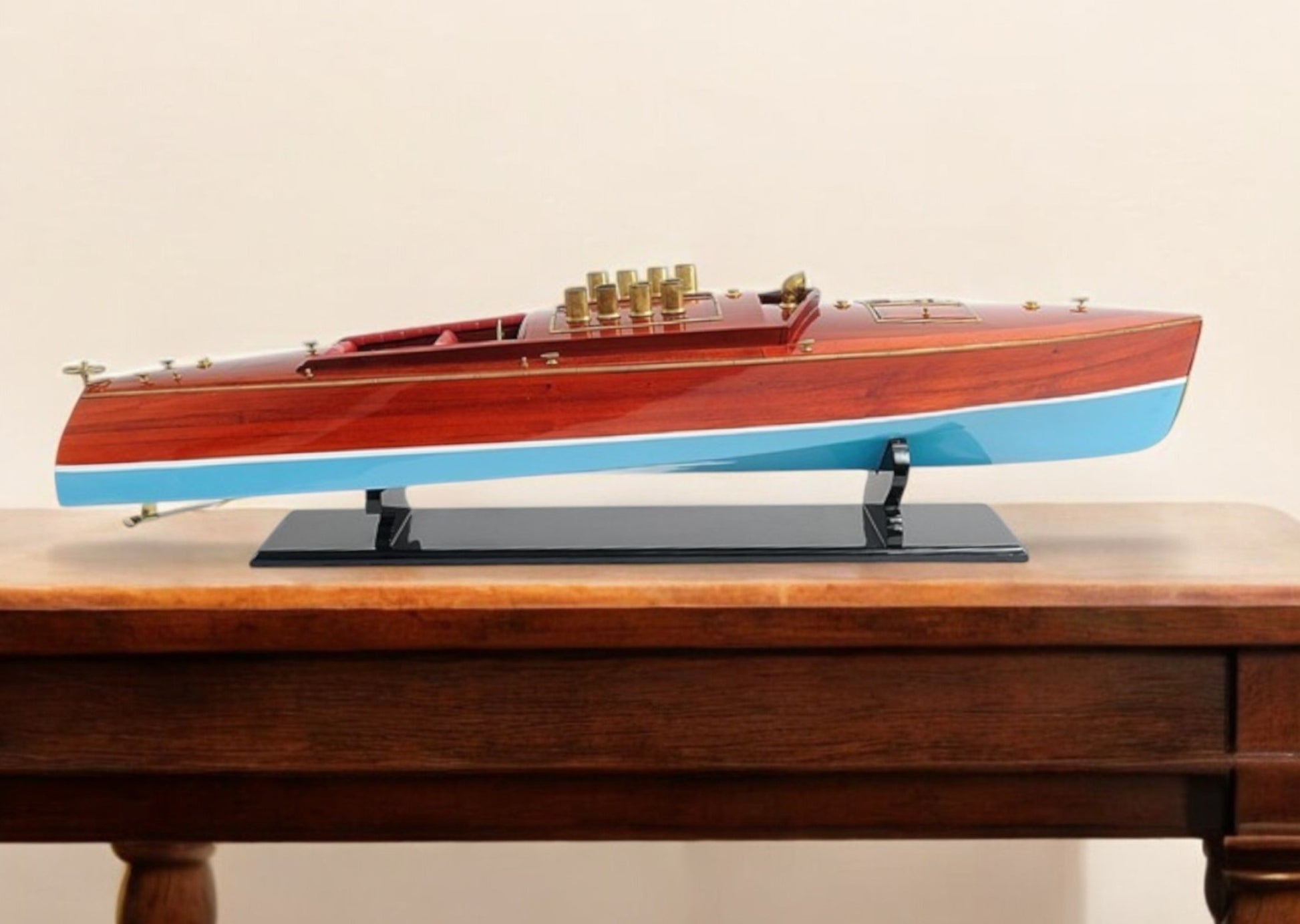 9" Blue and Brown Solid Wood Hand Painted Model Boat Tabletop Sculpture-Sculptures-DECOROLALA