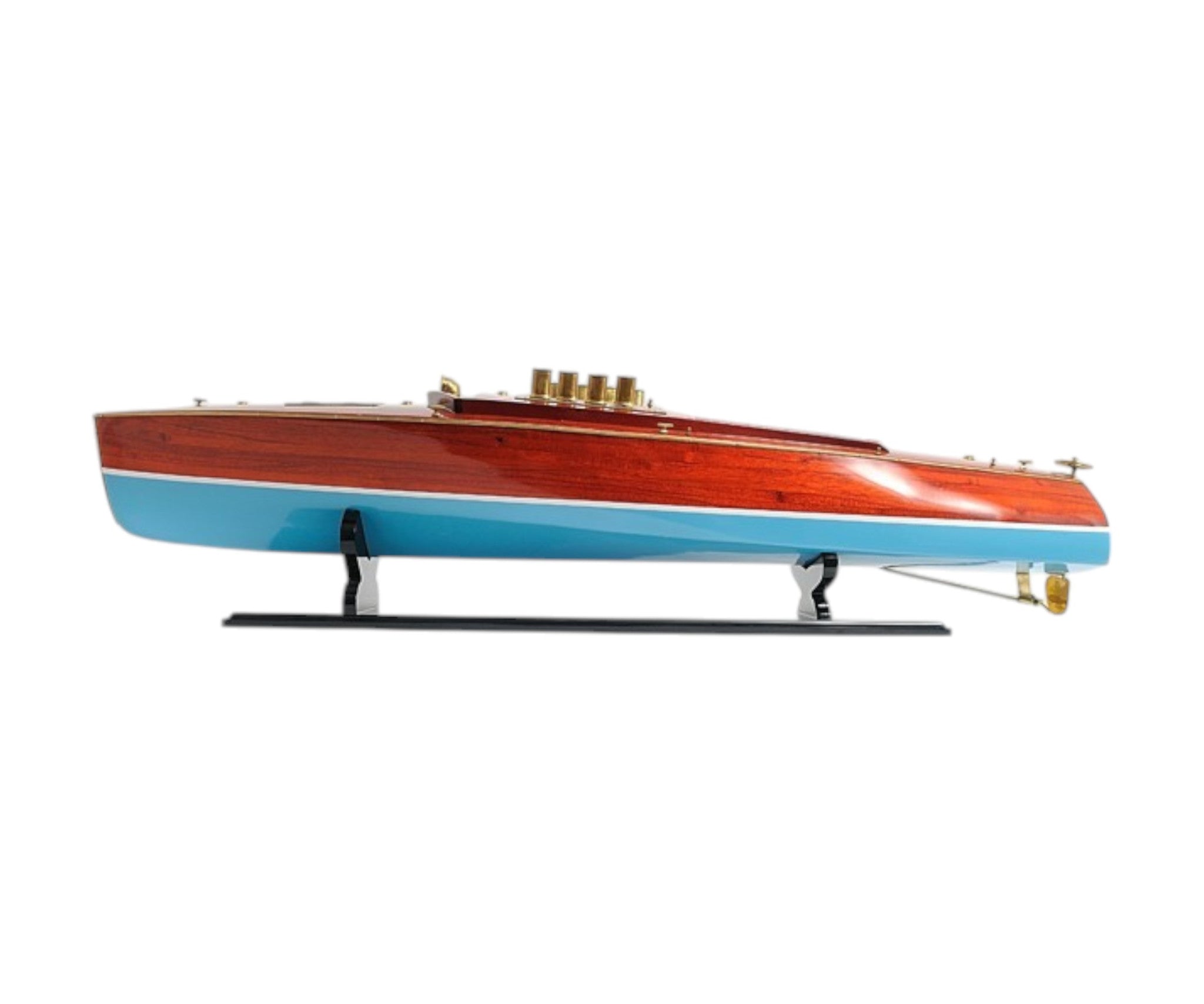 9" Blue and Brown Solid Wood Hand Painted Model Boat Tabletop Sculpture-Sculptures-DECOROLALA