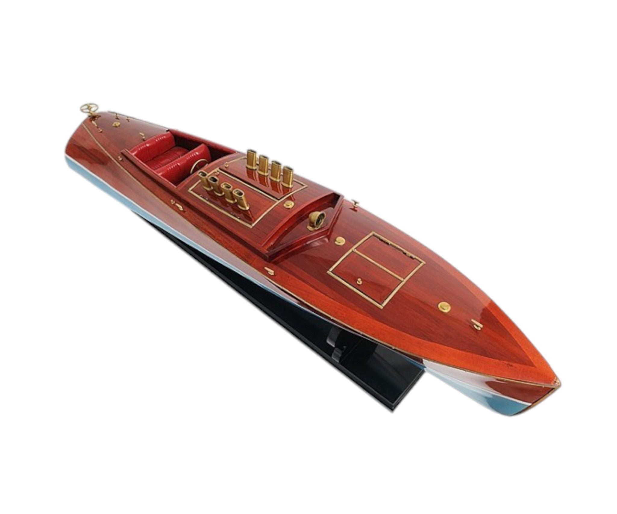 9" Blue and Brown Solid Wood Hand Painted Model Boat Tabletop Sculpture-Sculptures-DECOROLALA