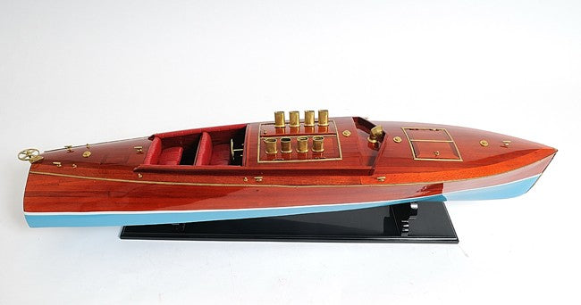 9" Blue and Brown Solid Wood Hand Painted Model Boat Tabletop Sculpture-Sculptures-DECOROLALA