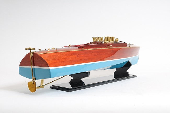 9" Blue and Brown Solid Wood Hand Painted Model Boat Tabletop Sculpture-Sculptures-DECOROLALA