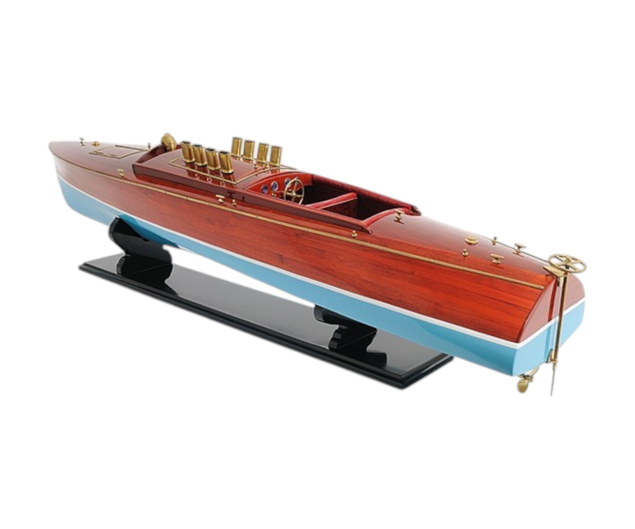 9" Blue and Brown Solid Wood Hand Painted Model Boat Tabletop Sculpture-Sculptures-DECOROLALA