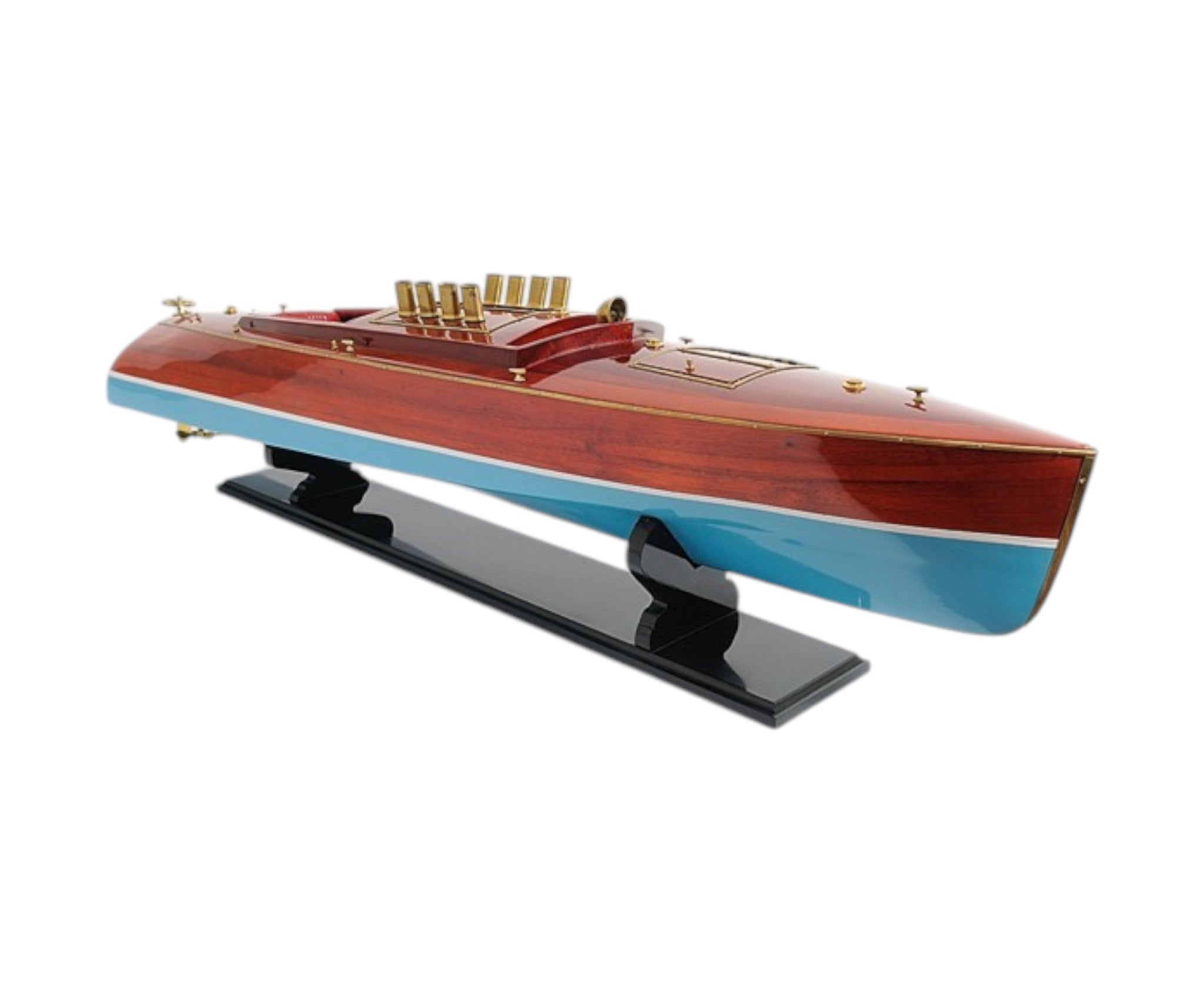 9" Blue and Brown Solid Wood Hand Painted Model Boat Tabletop Sculpture-Sculptures-DECOROLALA