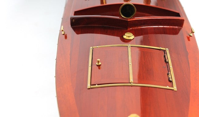 9" Blue and Brown Solid Wood Hand Painted Model Boat Tabletop Sculpture-Sculptures-DECOROLALA