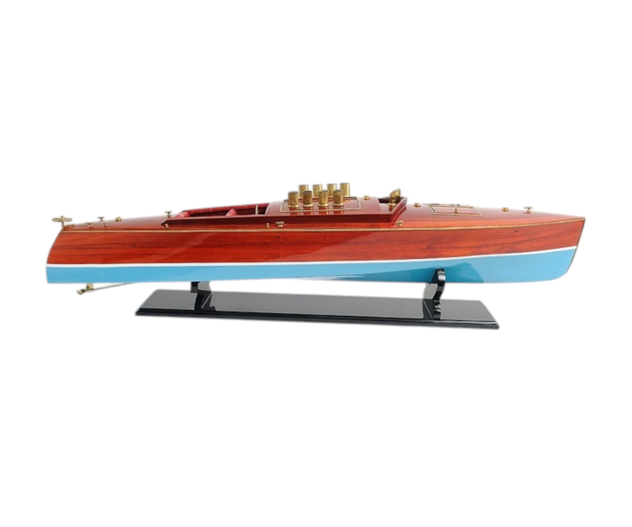 9" Blue and Brown Solid Wood Hand Painted Model Boat Tabletop Sculpture-Sculptures-DECOROLALA
