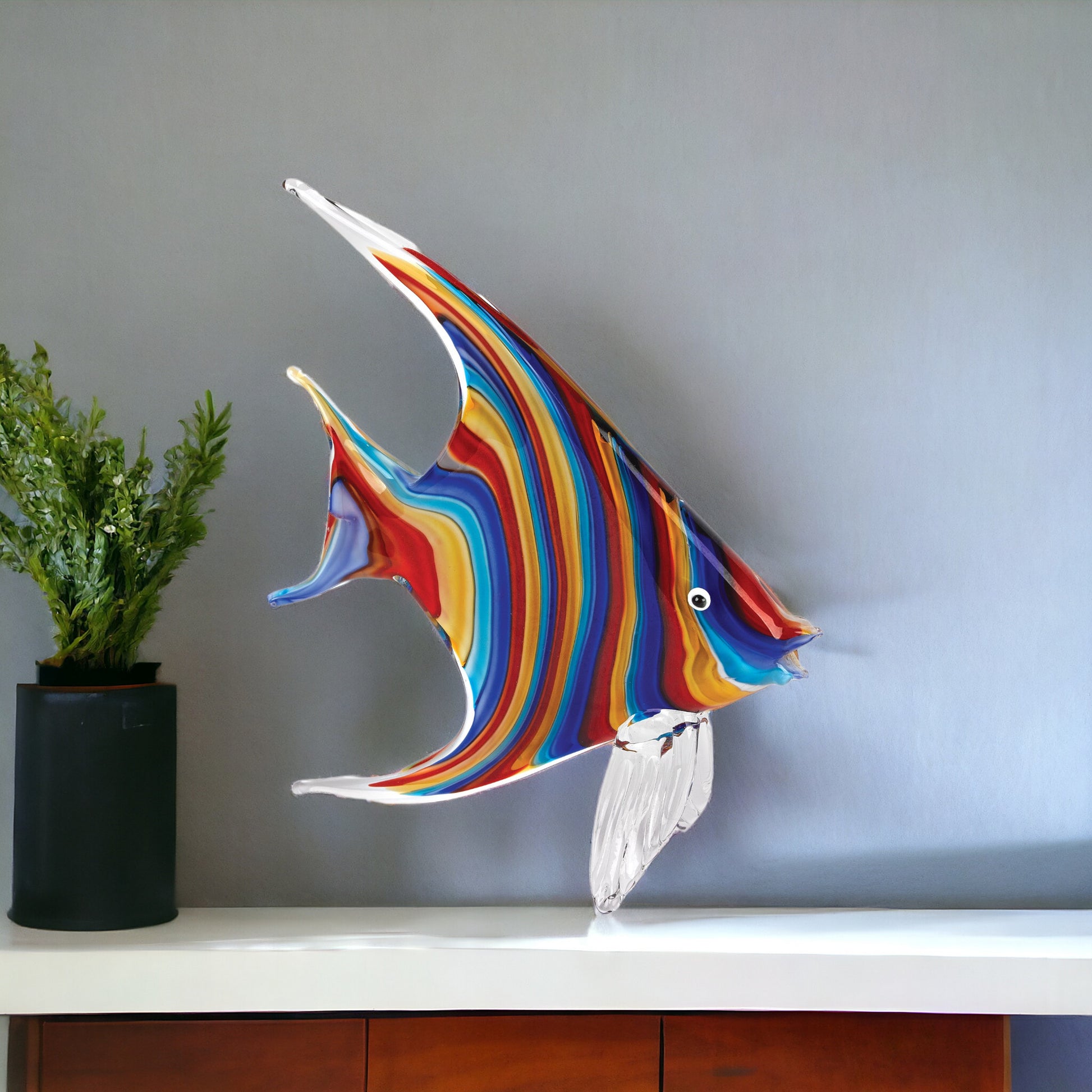 9" Blue and Red Murano Glass Fish Figurine Tabletop Sculpture-Sculptures-DECOROLALA