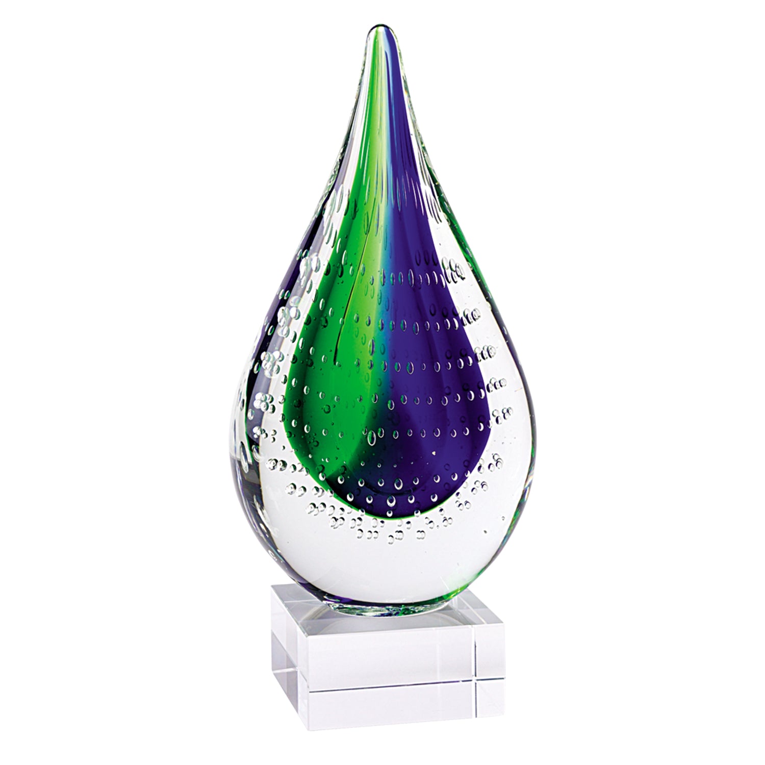 9" Clear Blue and Green Murano Glass Modern Abstract Tabletop Sculpture-Sculptures-DECOROLALA