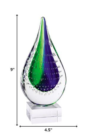 9" Clear Blue and Green Murano Glass Modern Abstract Tabletop Sculpture-Sculptures-DECOROLALA