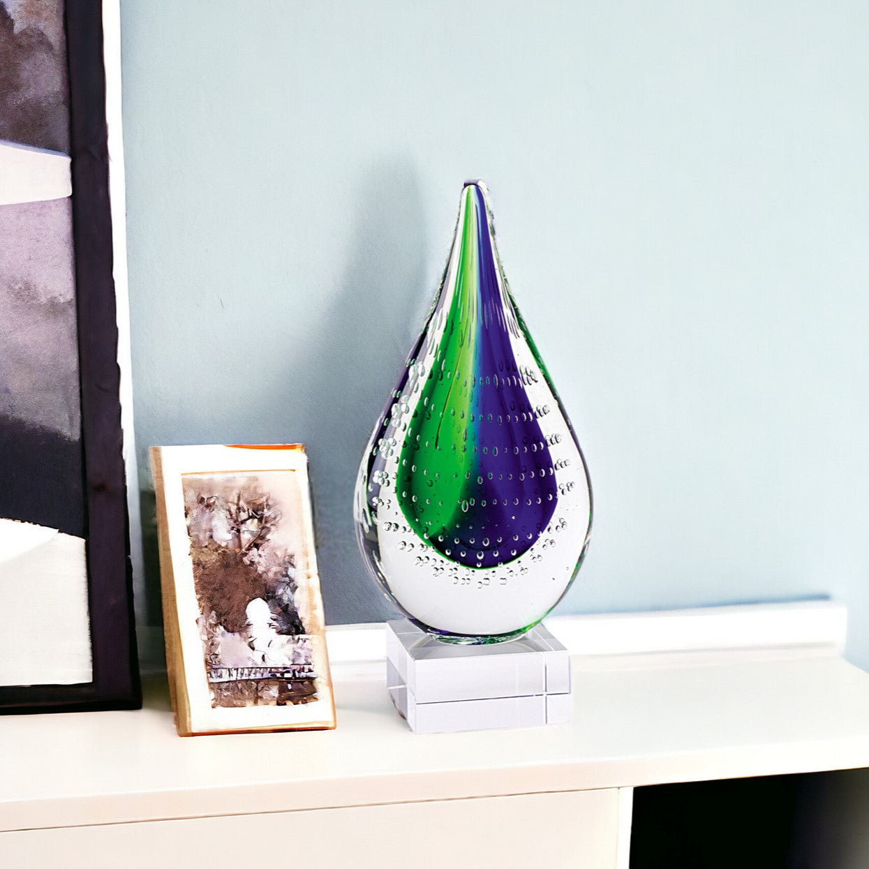 9" Clear Blue and Green Murano Glass Modern Abstract Tabletop Sculpture-Sculptures-DECOROLALA