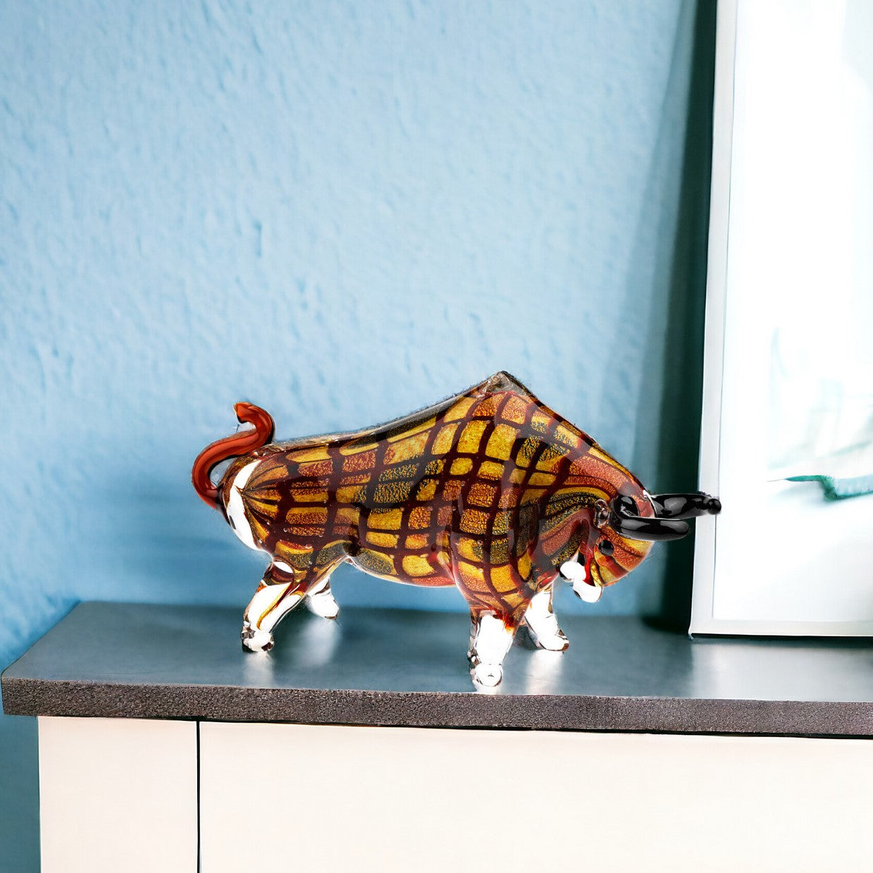 9" Clear Brown and Black Murano Glass Bull Figurine Tabletop Sculpture-Sculptures-DECOROLALA