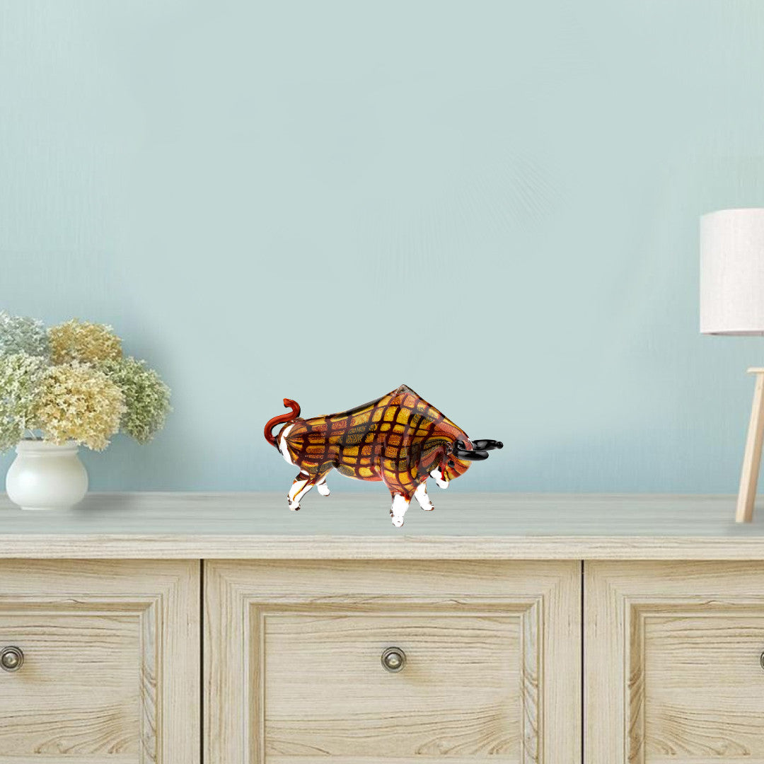 9" Clear Brown and Black Murano Glass Bull Figurine Tabletop Sculpture-Sculptures-DECOROLALA