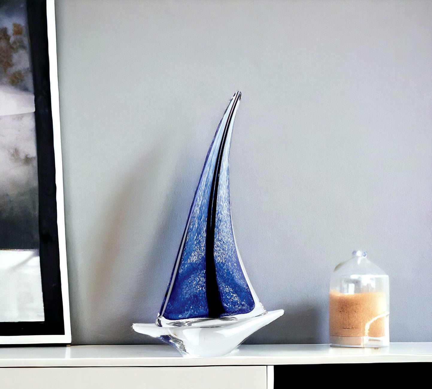 9" Clear and Blue Murano Glass Modern Abstract Tabletop Sculpture-Sculptures-DECOROLALA