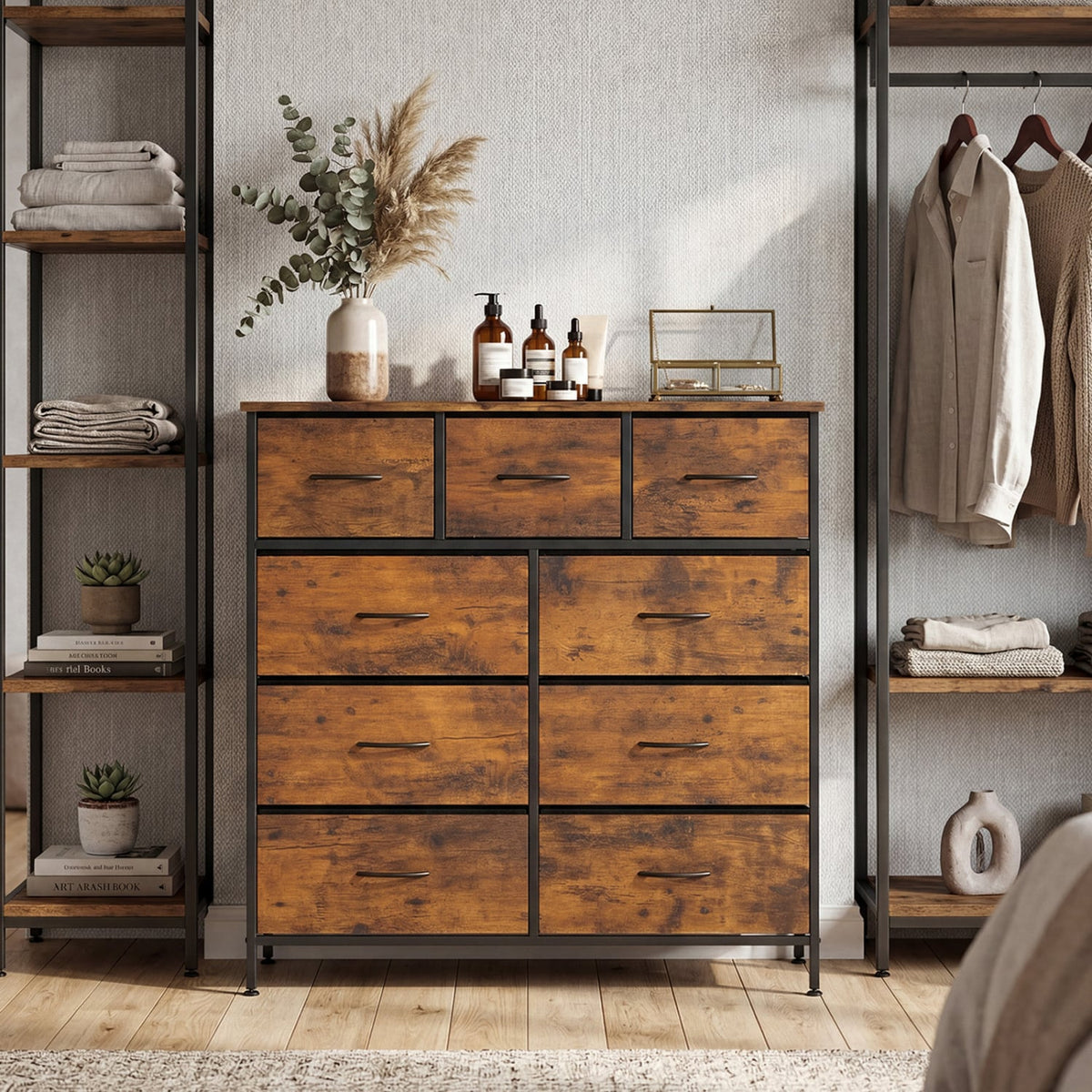 9-Drawer Fabric Dresser - Rustic Brown (min order qty 2)-Dressers & Chests-DECOROLALA