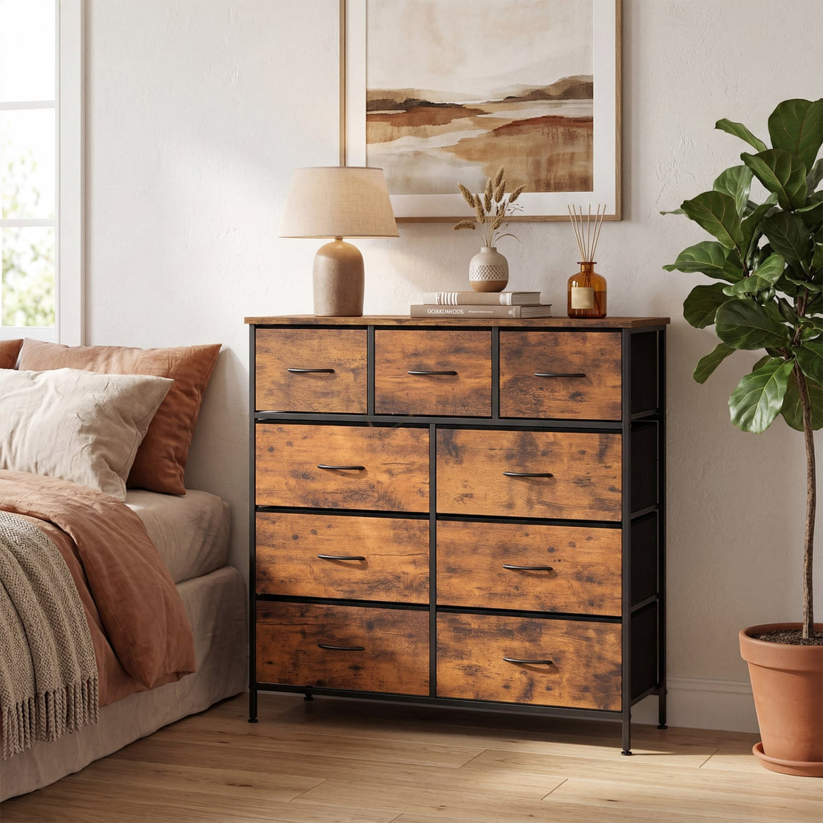 9-Drawer Fabric Dresser - Rustic Brown (min order qty 2)-Dressers & Chests-DECOROLALA