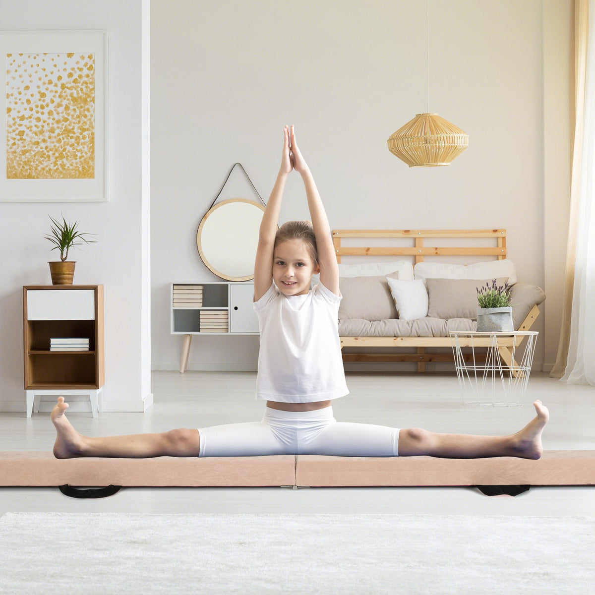 9 FT Folding Gymnastics Balance Beam with Anti-slip Base and Pine Wood Frame-Brown-Yoga & Gym Mats-DECOROLALA
