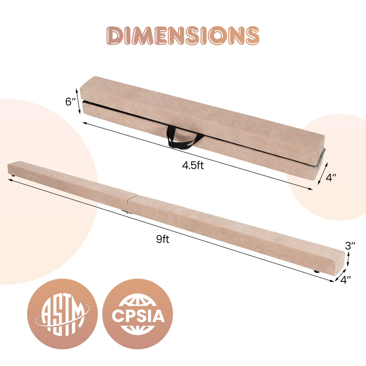 9 FT Folding Gymnastics Balance Beam with Anti-slip Base and Pine Wood Frame-Brown-Yoga & Gym Mats-DECOROLALA