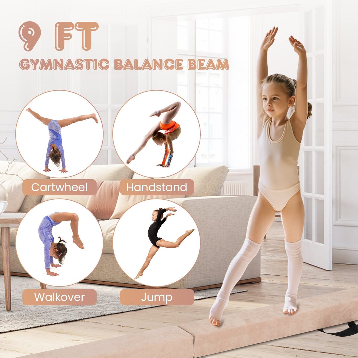 9 FT Folding Gymnastics Balance Beam with Anti-slip Base and Pine Wood Frame-Brown-Yoga & Gym Mats-DECOROLALA