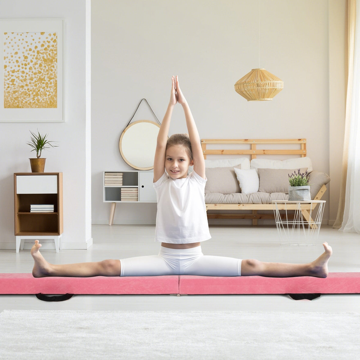 9 FT Folding Gymnastics Balance Beam with Anti-slip Base and Pine Wood Frame-Pink-Yoga & Gym Mats-DECOROLALA