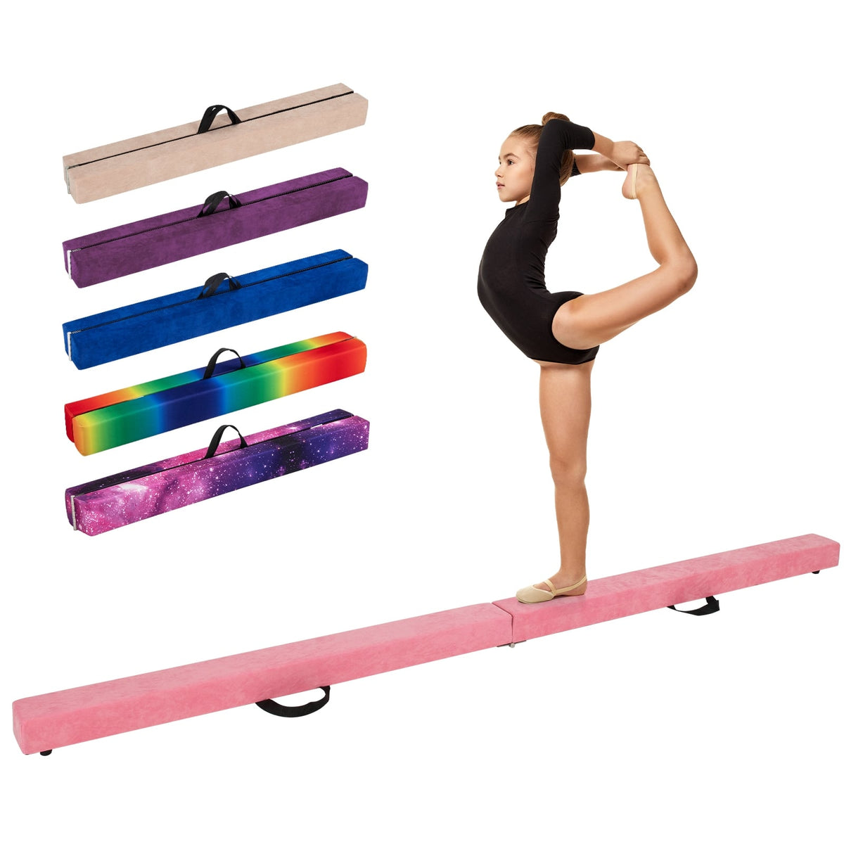 9 FT Folding Gymnastics Balance Beam with Anti-slip Base and Pine Wood Frame-Pink-Yoga & Gym Mats-DECOROLALA