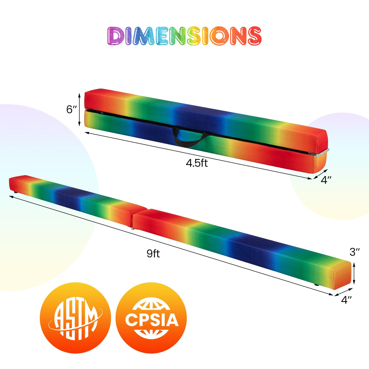 9 FT Folding Gymnastics Balance Beam with Anti-slip Base and Pine Wood Frame-Rainbow-Yoga & Gym Mats-DECOROLALA