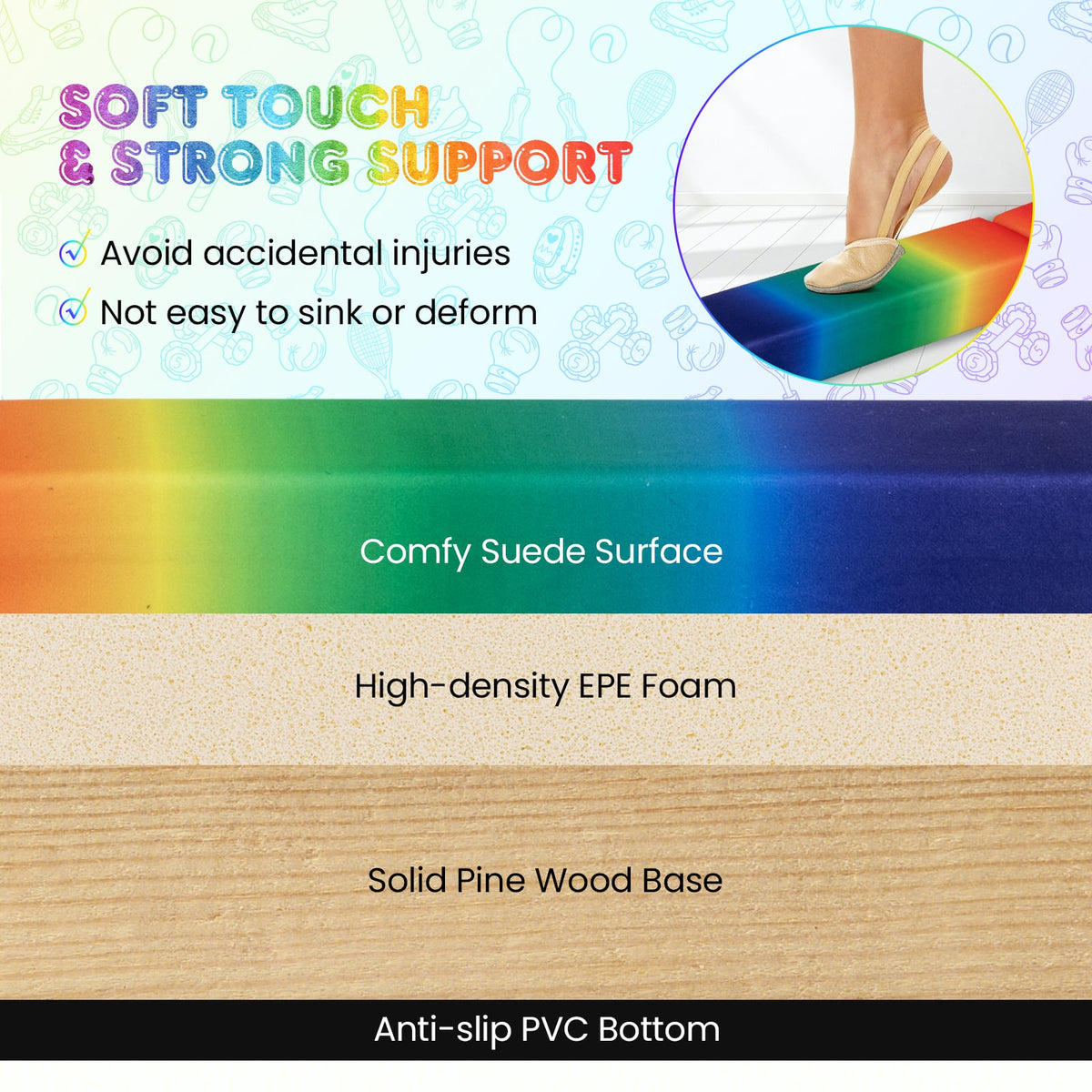 9 FT Folding Gymnastics Balance Beam with Anti-slip Base and Pine Wood Frame-Rainbow-Yoga & Gym Mats-DECOROLALA