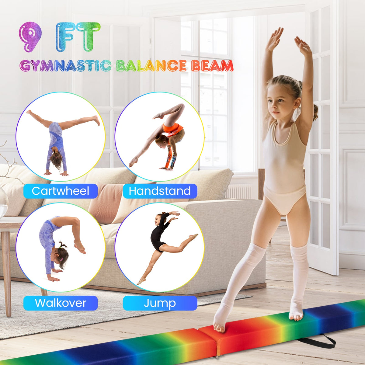 9 FT Folding Gymnastics Balance Beam with Anti-slip Base and Pine Wood Frame-Rainbow-Yoga & Gym Mats-DECOROLALA