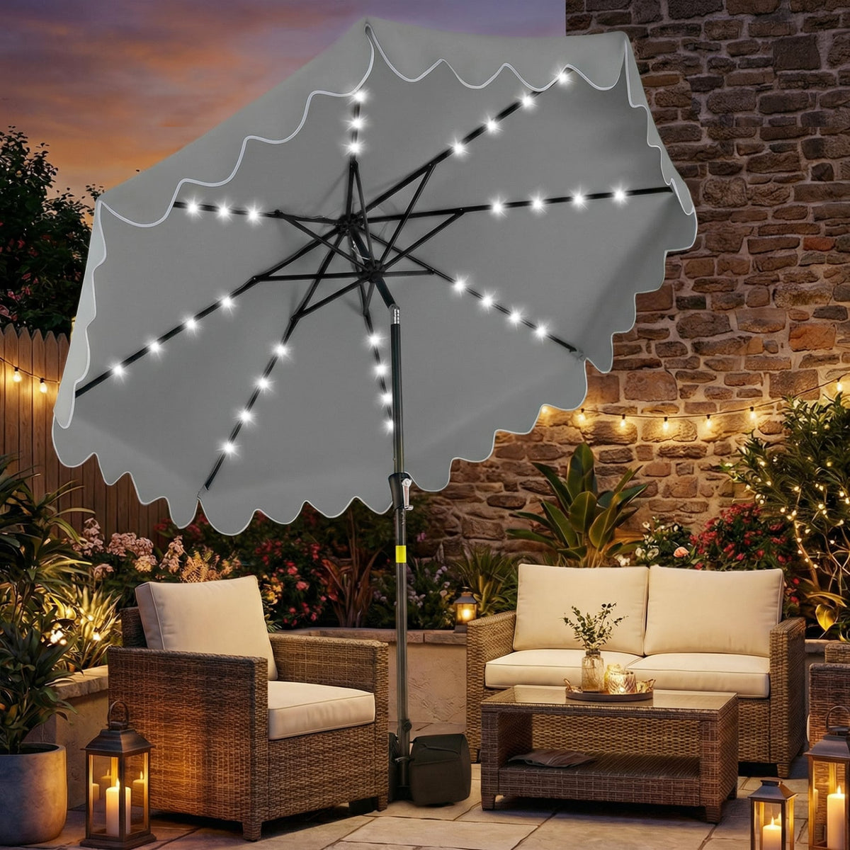 9 FT Outdoor Patio Umbrella with Solar LED Lights and Weighted Base-Gray-Outdoor Umbrellas-DECOROLALA