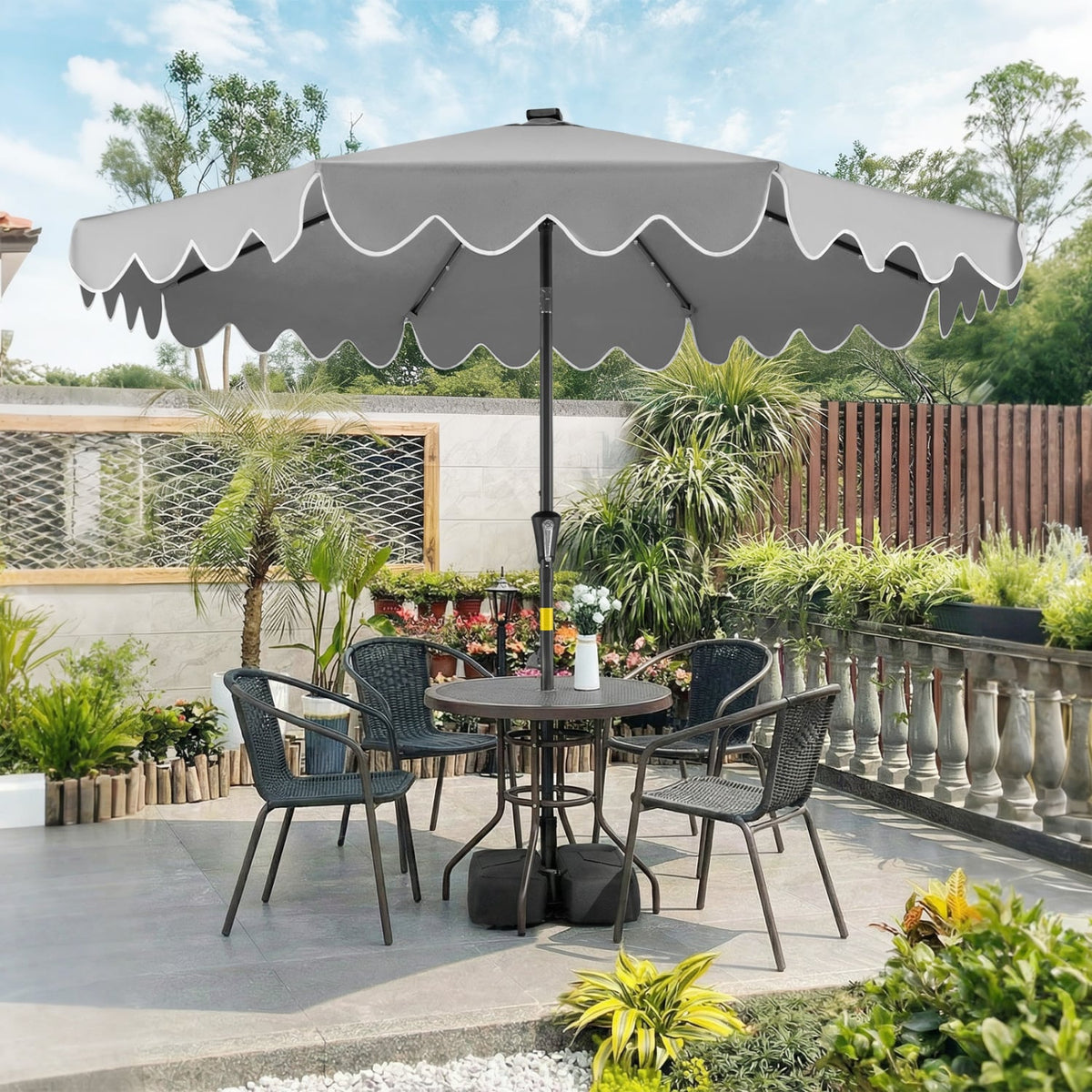 9 FT Outdoor Patio Umbrella with Solar LED Lights and Weighted Base-Gray-Outdoor Umbrellas-DECOROLALA