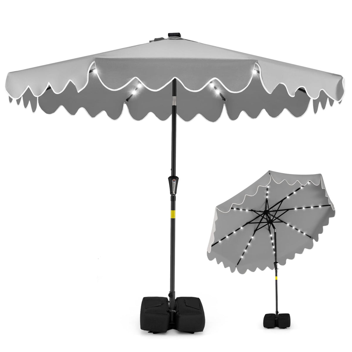 9 FT Outdoor Patio Umbrella with Solar LED Lights and Weighted Base-Gray-Outdoor Umbrellas-DECOROLALA