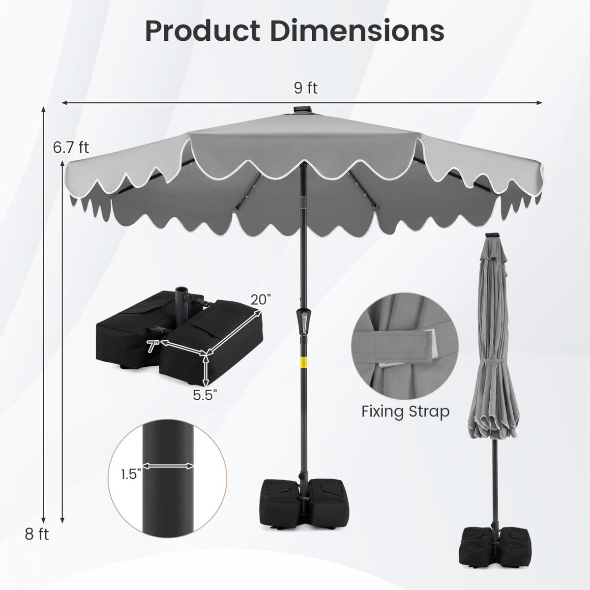 9 FT Outdoor Patio Umbrella with Solar LED Lights and Weighted Base-Gray-Outdoor Umbrellas-DECOROLALA