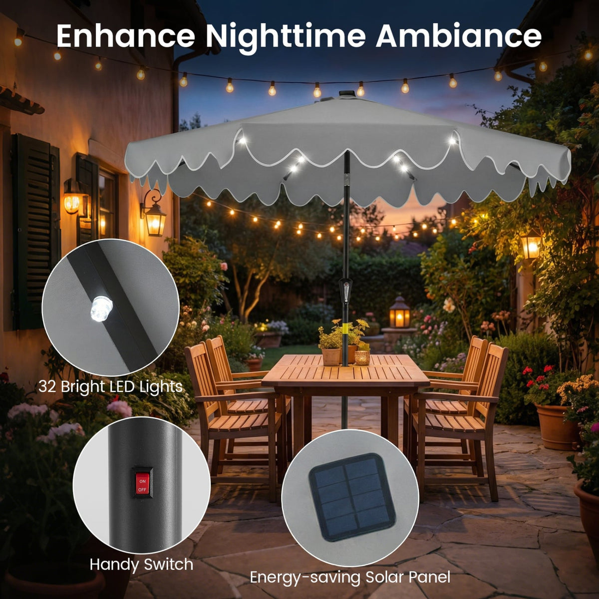 9 FT Outdoor Patio Umbrella with Solar LED Lights and Weighted Base-Gray-Outdoor Umbrellas-DECOROLALA