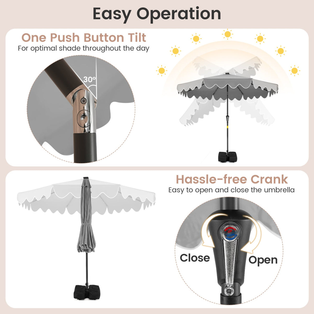 9 FT Outdoor Patio Umbrella with Solar LED Lights and Weighted Base-Gray-Outdoor Umbrellas-DECOROLALA