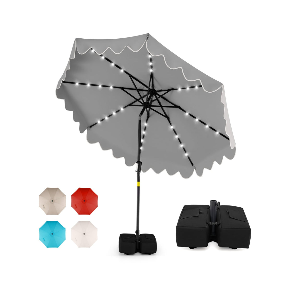 9 FT Outdoor Patio Umbrella with Solar LED Lights and Weighted Base-Gray-Outdoor Umbrellas-DECOROLALA