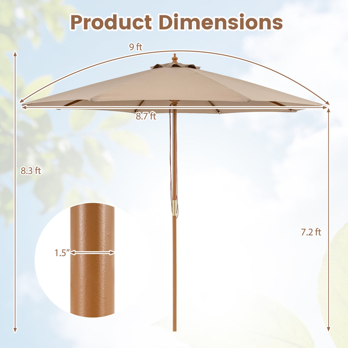 9 FT Patio Umbrella Outdoor Table Market Umbrella with 8 Sturdy Bamboo Ribs-Brown-Outdoor Umbrellas-DECOROLALA