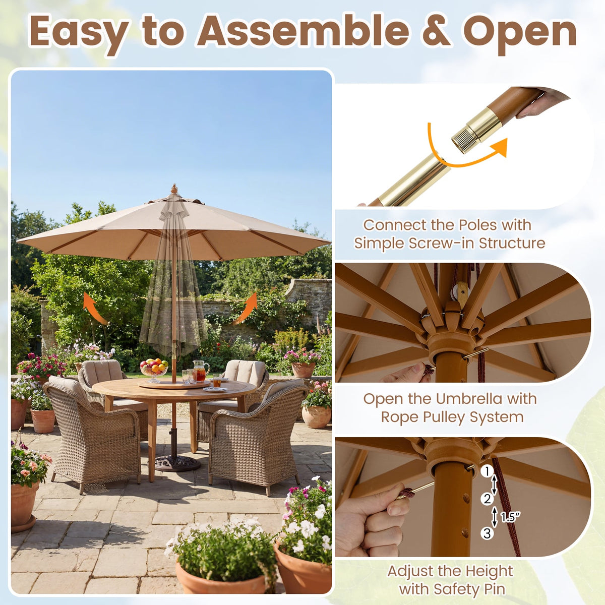 9 FT Patio Umbrella Outdoor Table Market Umbrella with 8 Sturdy Bamboo Ribs-Brown-Outdoor Umbrellas-DECOROLALA